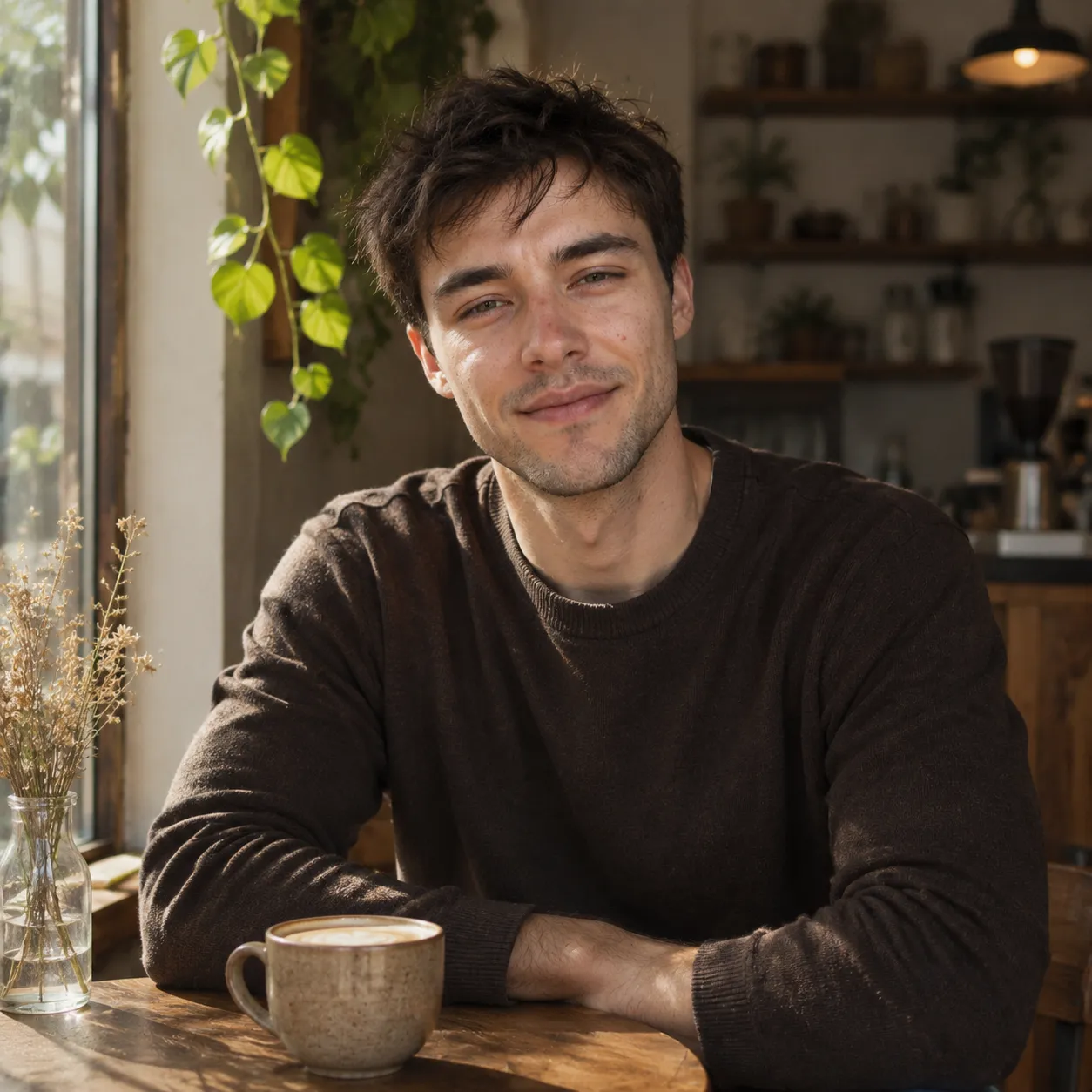 The same AI-generated man in a relaxed everyday coffee shop dating photo