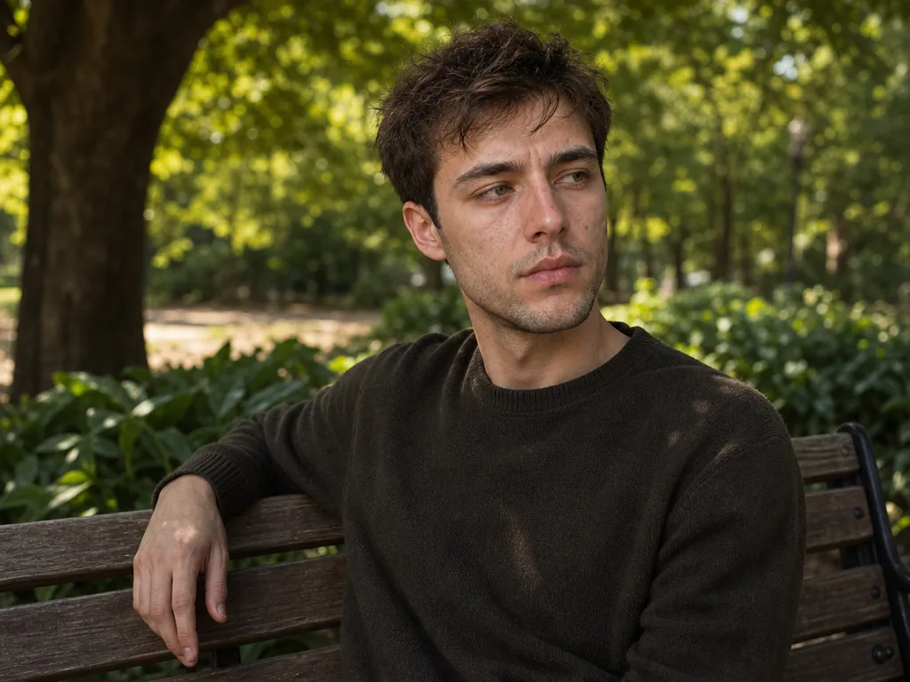 The same AI-generated man in a relaxed park dating photo