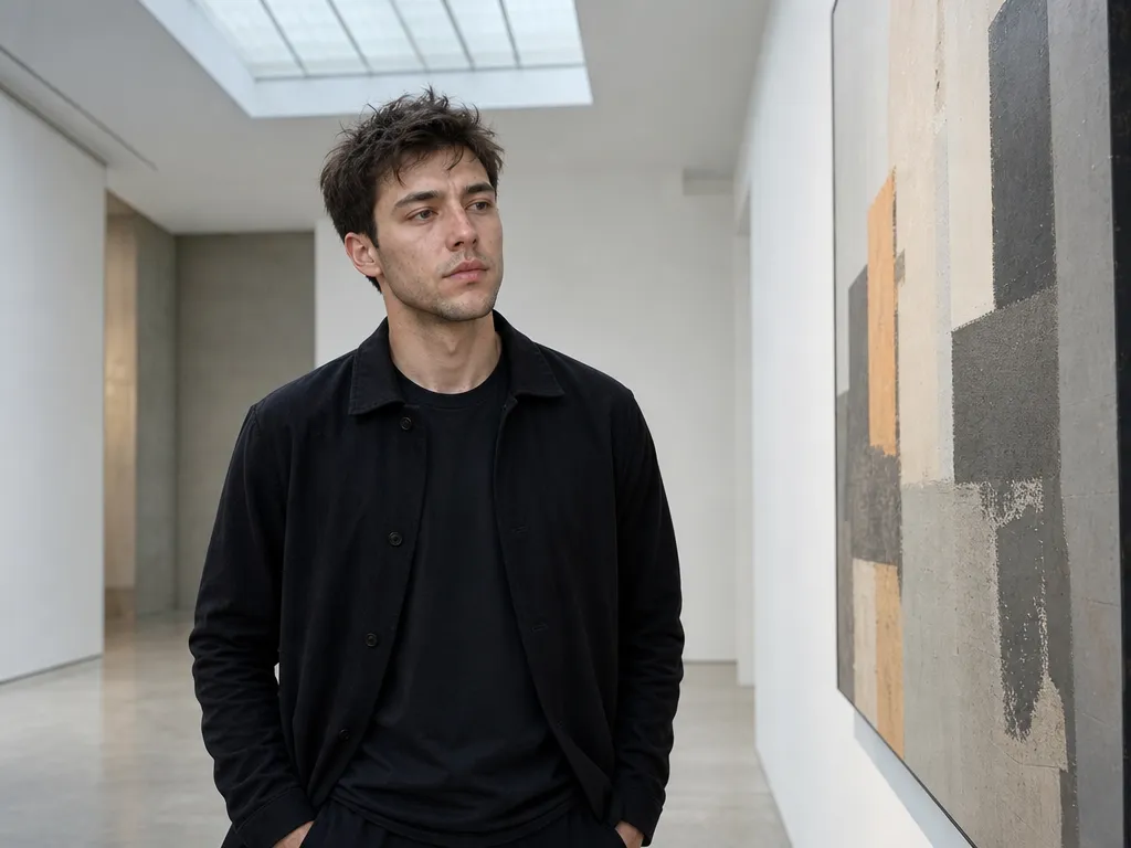 AI-generated example of the reference subject standing beside artwork in a gallery