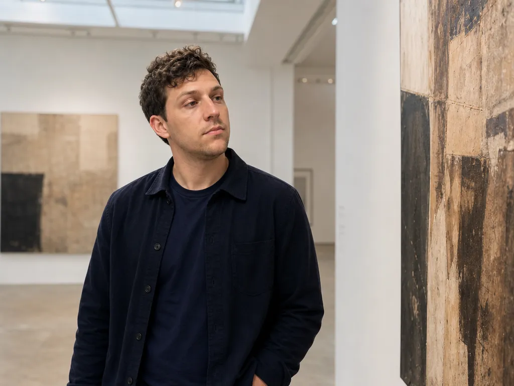 The same AI-generated man in an art gallery dating photo