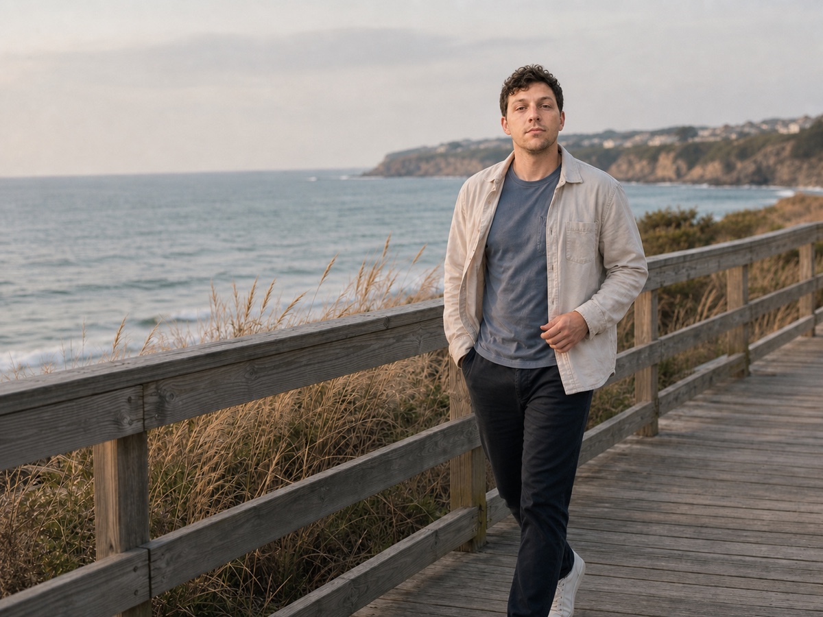 The same AI-generated man in a closer front-facing coastal weekend dating photo