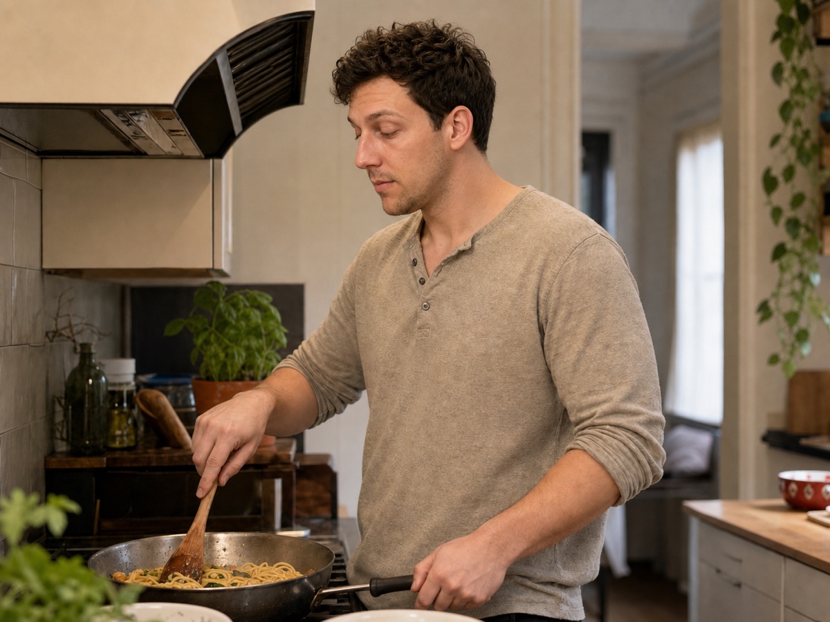 The same AI-generated man cooking at home in a hobby dating photo