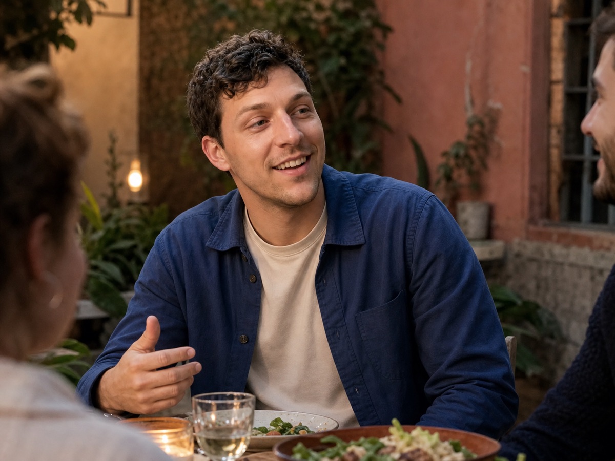 The same AI-generated man talking with friends in a social dating photo